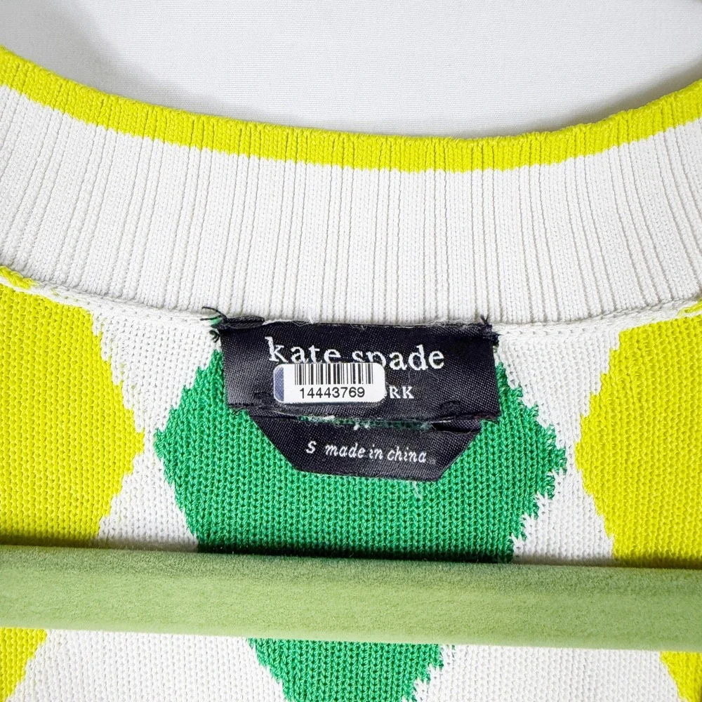 Kate Spade Sprint Argyle Sweater Ivory V-Neck Short Sleeve Top Women Sz S